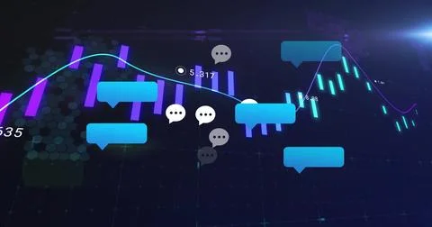 Showing chat bubbles floating on financial dashboard, with bars trendline Foto stock