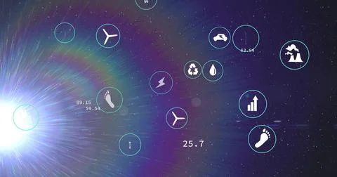 Showing circular data icons floating over starfield HUD, with wind turbine and 스톡 일러스트