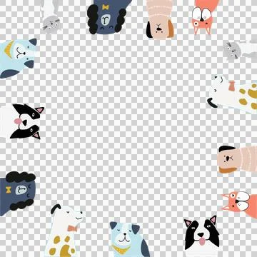Showing circular dog border on transparent canvas with varied coats, bandanas, Stock Illustration