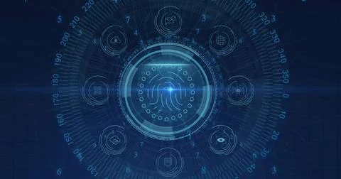 Showing circular fingerprint scanner glowing concentric rings on blue grid, with Illustrazione stock