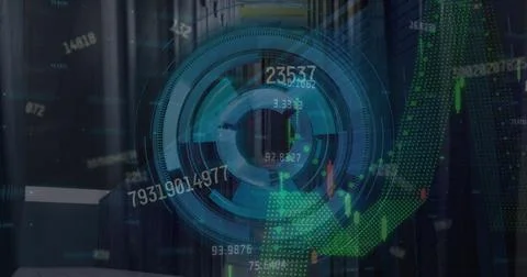 Showing circular HUD element floating in server room, with candlestick bars and Foto stock
