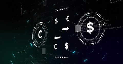 Showing circular HUD elements linking euro and dollar on dashboard, with arrows Stock Photos