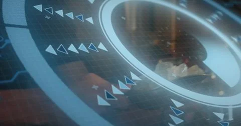 Showing circular interface overlaying office desk, with grid overlay, arrow Stock Photos