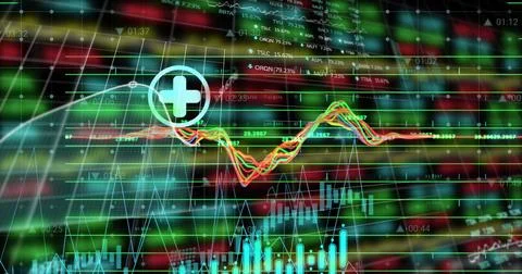 Showing circular plus icon over data grid on trading dashboard, with candlestick Stock Illustration