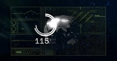 Showing circular progress indicator over world map at virtual dashboard with Stock Photos