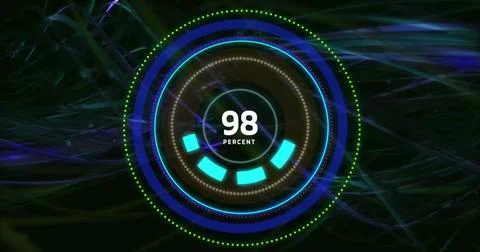 Showing circular progress ring reaching 98% on virtual interface, with rings and Stockfoto's