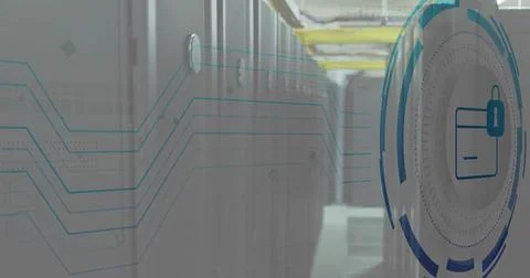 Showing circular security HUD over server aisle, with server racks and overhead Stockfoto's