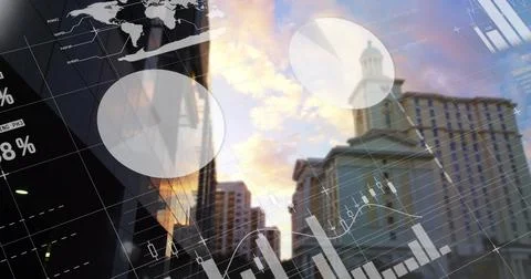 Showing classical domed building reflecting sunset downtown with pie chart and Stock Photos