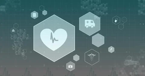Showing clear hex heart panel featuring ECG on teal-gray dashboard with Stock Illustration