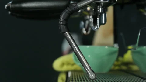 Showing close-up of espresso machine with metallic steam wand Stock Footage 306586397