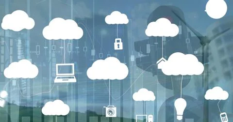 Showing cloud cluster linking padlock icon over green field beside office Stock Photos