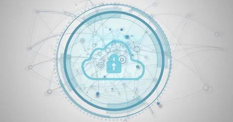 Showing cloud icon enclosing padlock symbol on grey schematic with nodes, curved Stock Photos