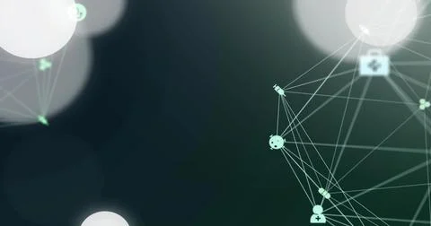 Showing clustered network graph on right side, displaying mint-green nodes with Stock Photos