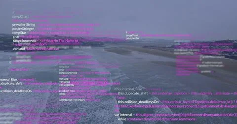 Showing coastline and code overlay merging from elevated view with tidal flat 写真素材