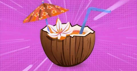 Showing coconut shell on pink backdrop, with orange beverage, blue straw, paper 스톡 일러스트