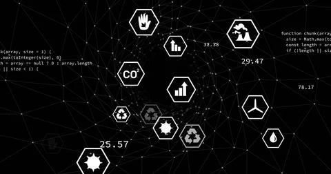 Showing code and values over dark grid with hexagonal icons depicting recycling Stock-Fotos