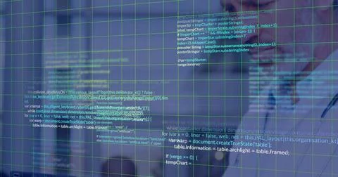 Showing code panels over collared shirt developer in office, green grid of Stock Photos