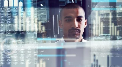 Showing the code what hes made of. a young computer programmer looking through Fotos Stock