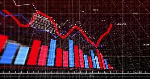 Showing colored 3D bars with overlaid line graphs at dashboard, with numeric Stock Illustration