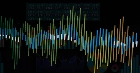 Showing colorful vertical bars on analytics dashboard, with numeric grid overlay 库存插图