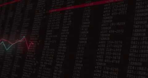 Showing columns of code and error logs in software UI, featuring red highlight Video stock 307434115