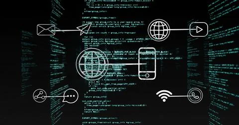 Showing communication icons hovering over scrolling code walls in 3D space, with Stock Illustration