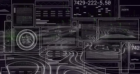 Showing complex dashboard UI streaming layered panels on virtual display, with Stock Illustration