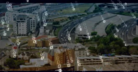 Showing complex highway interchange unfolding from high-angle urban view, with Stockfoto's