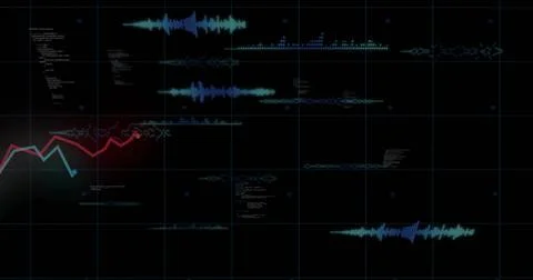 Showing composite data visuals pulsing on dark UI with cyan grid, teal Stock Illustration