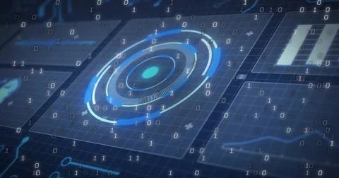 Showing concentric circular HUD element rotating at digital dashboard, with Stock Illustration