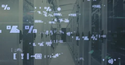 Showing corridor running through data center, with server racks, switches, Stock Photos