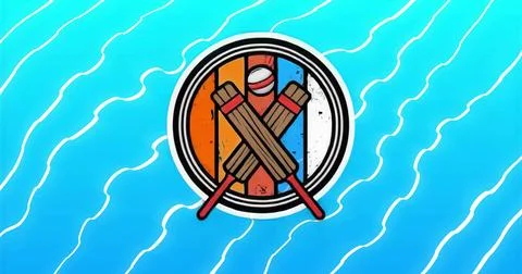 Showing cricket emblem with bats crossing beneath red-white ball in segmented Stock Illustration