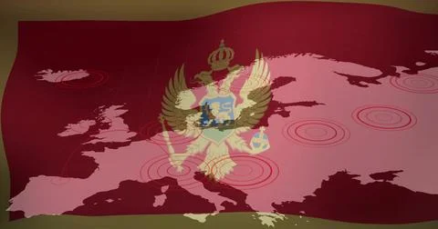 Showing crowned two-headed eagle with shield over Europe map with red markers, Stock Photos