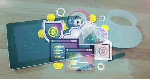 Showing crypto security art on tablet at wood table with bitcoin coins, padlock, Stock Photos