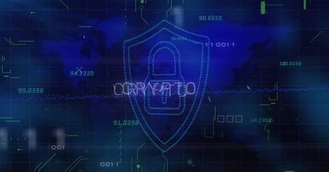 Showing CRYPTO shield with padlock on blue network, grid lines and floating Foto stock