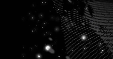 Showing curved dotted matrix glowing at right in digital void, with spots and Illustrazione stock