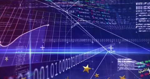 Showing curved graph on grid in virtual space, with binary streams, numeric Stock Illustration