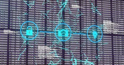 Showing cyan padlock microchip avatar icons connecting by line moving across Stock Photos