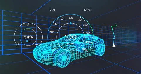 Showing cyan wireframe car, grid-room HUD showing speed 100km or h, battery 54%, Stock Illustration