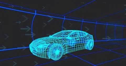 Showing cyan wireframe car model within virtual tunnel, with neon gridlines and Stock Illustration