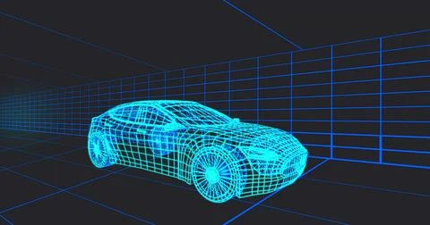 Showing cyan wireframe coupe model glowing in CAD grid, with wireframe wheels Illustrazione stock