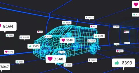 Showing cyan wireframe SUV model rotating in virtual 3D grid tunnel with white Stock Photos