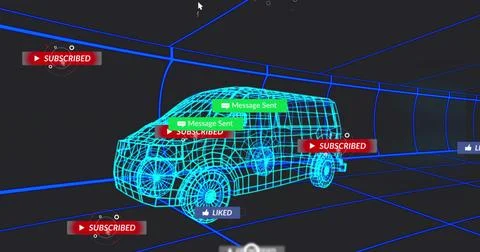 Showing cyan wireframe SUV rotating in 3D tunnel, displaying SUBSCRIBED Message Stock Illustration