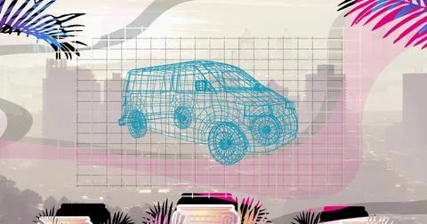 Showing cyan wireframe van hovering over grid in collage, with skyline and pink Fotos Stock