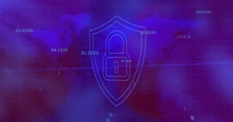 Showing cybersecurity interface with world map, data grid, dotted-line shield Stock Illustration
