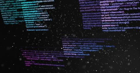 Showing dark abstract code scene floating in virtual space, with code fragments Stock Photos