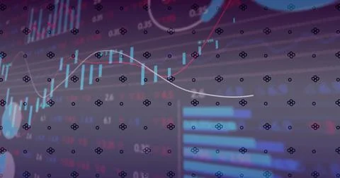 Showing dark chart on screen, with candlesticks red-white lines blue bar chart Stock Photos
