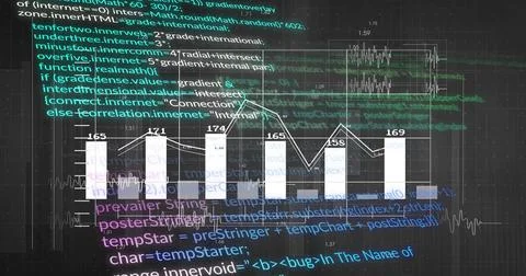 Showing dark dashboard with vertical bars, numeric labels, white line, teal code Stock-Illustration