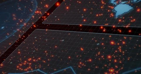 Showing dark grid panels shifting on dashboard, with glowing orange or red nodes Stock Illustration