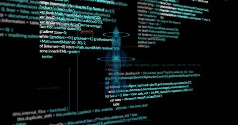 Showing dark IDE displaying JavaScript code on computer screen, with wireframe Stock Illustration